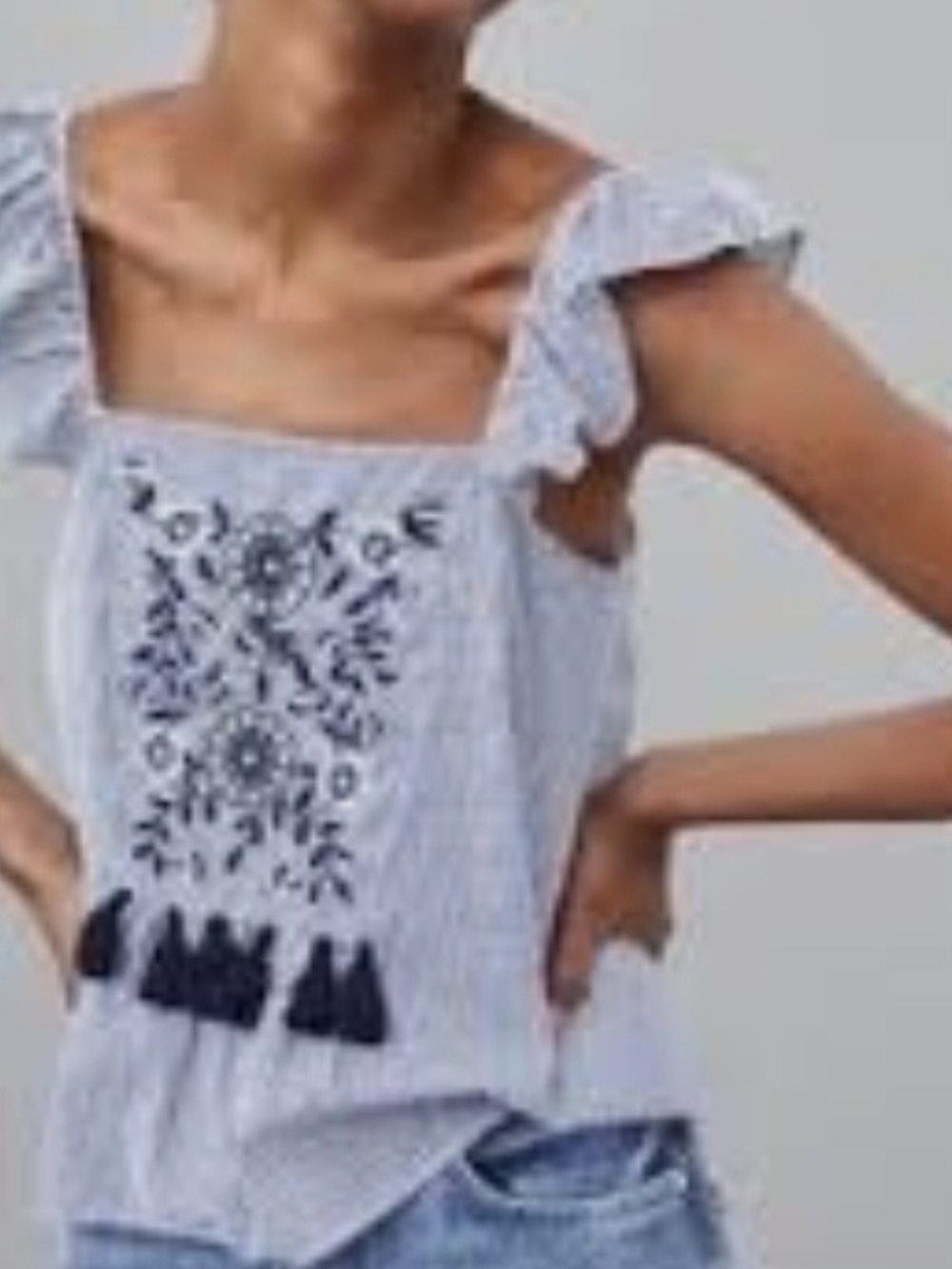 Zara Blue and White Striped Embroidered Tassel Crop Top